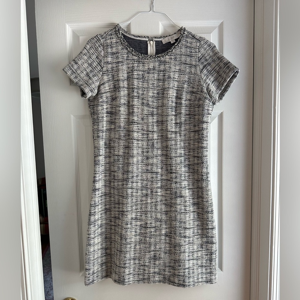 LOFT Black White Tweed Shift Dress | Parisian Chic Mini | Textured Bouclé Style - Picture 4 of 9